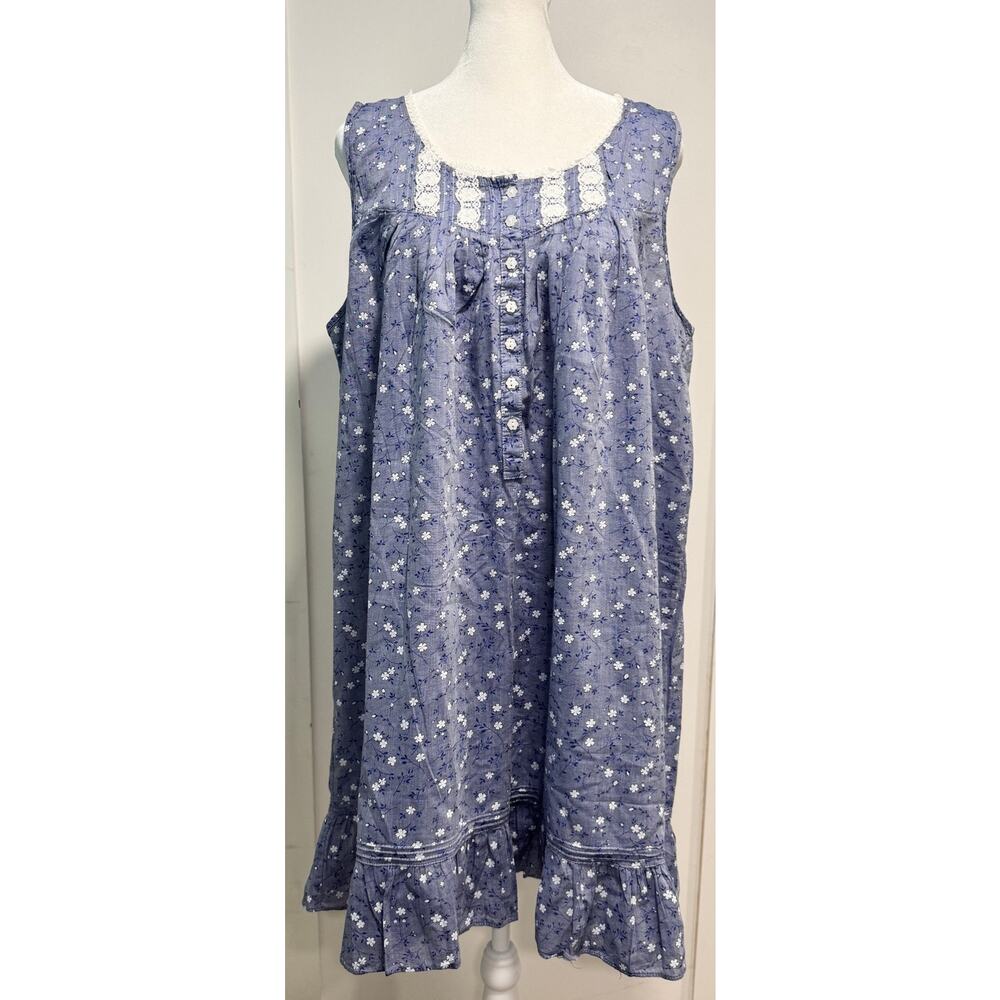 EILEEN WEST 100% Cotton Sleeveless Floral Print Sleep Dress Lace Size M